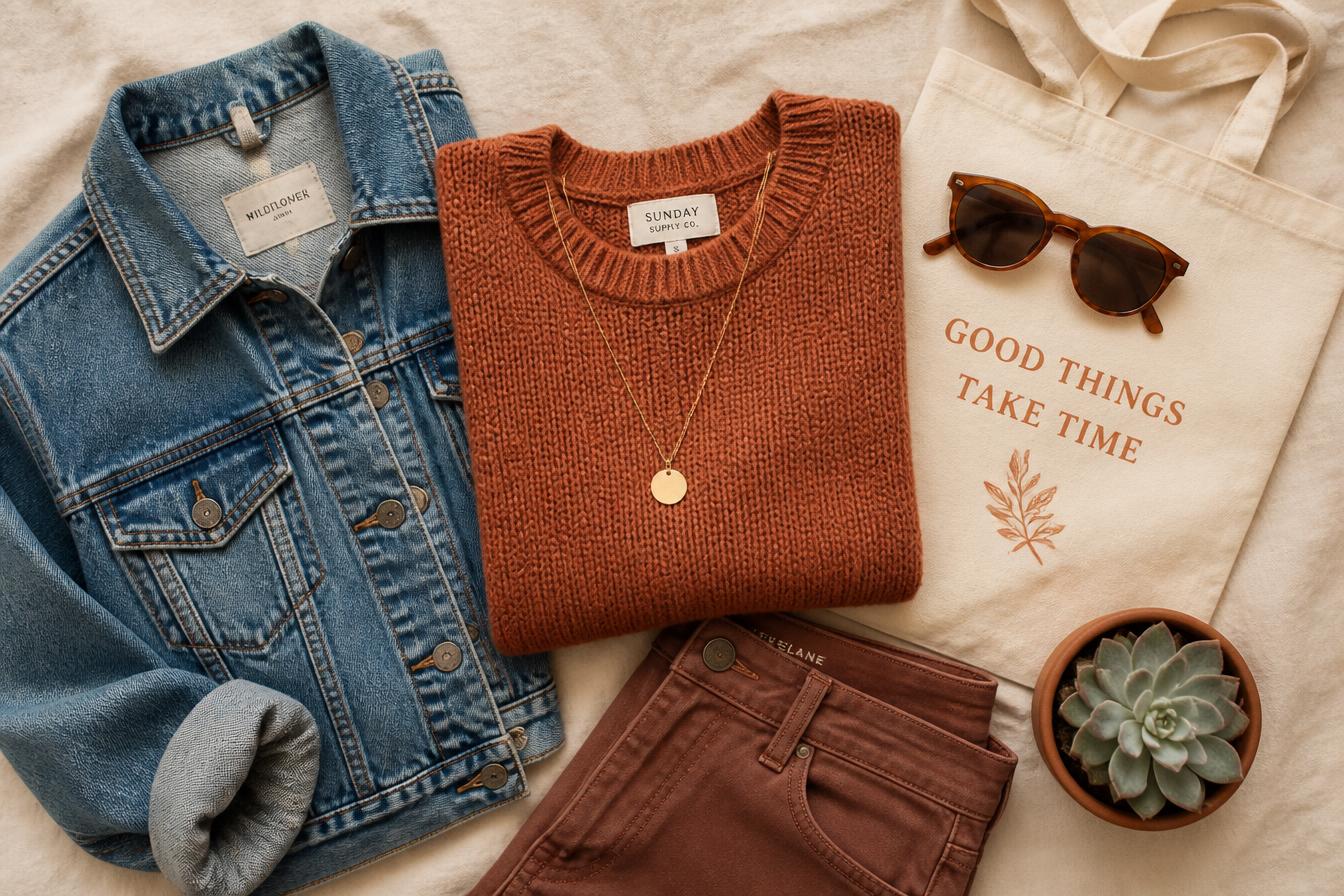Flat lay of boutique clothing and accessories